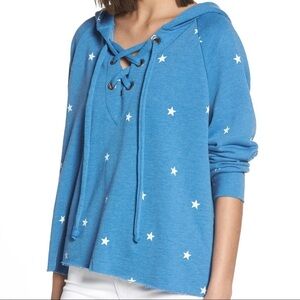 Wildfox Hutton Football Star Blue Lace Up Hoodie Sweatshirt Size S